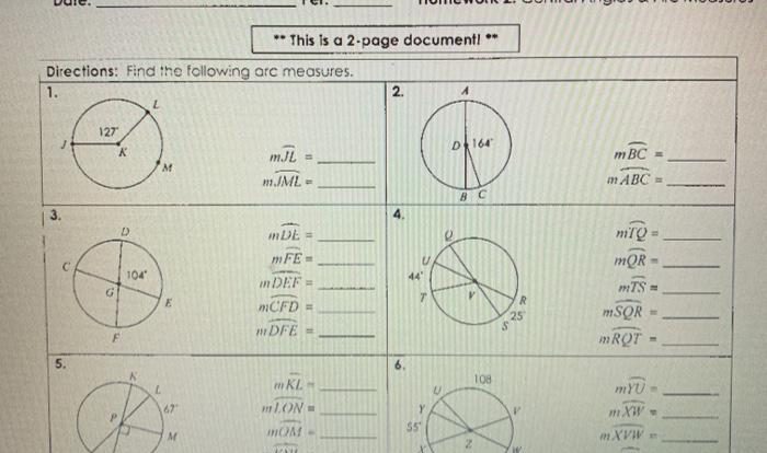 Central angles and arc measures worksheet