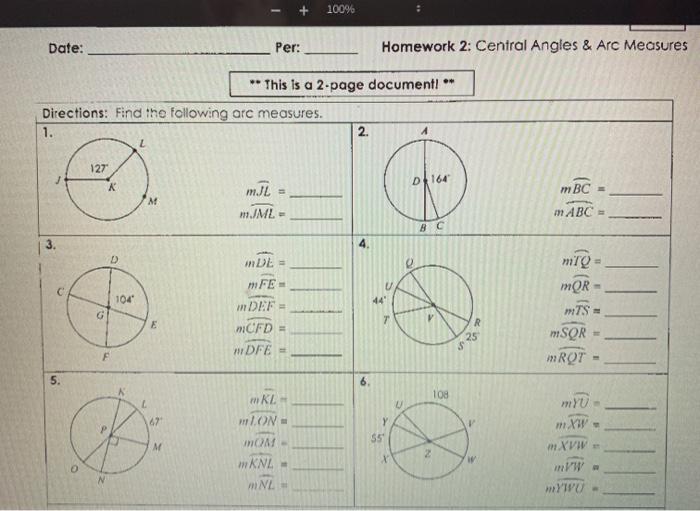 Central angles and arc measures worksheet